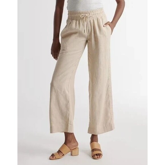 QUINCE 100% European Linen Cream Wide Leg Pants Women Medium Crop Elastic Waist - Picture 1 of 14